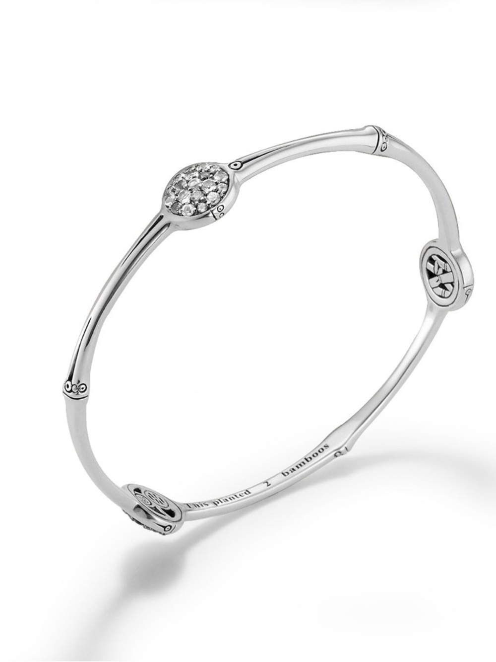 John Hardy Sterling Silver Pavé White Topaz Disc Bangle Bamboo Bracelet